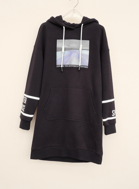 拉SML正品清仓 女秋冬纯棉厚柔反绒保暖宽松连帽卫衣裙6A3922黑色