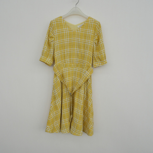 夏季 拉系列S 超值 L正品 透气泡泡棉纱中长及膝格子裙4A1005中黄