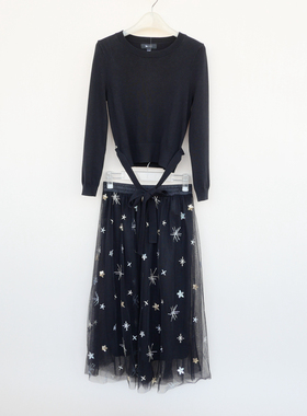 拉系列S/M撤柜正品 女春秋冰丝针织网纱绣花半裙两件套5A2000黑色