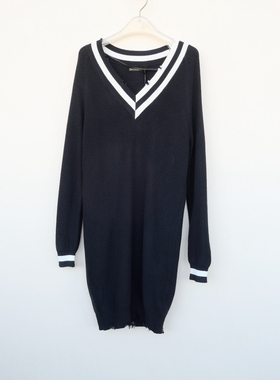 拉系列SML撤柜正品 女春秋中长舒柔V领长袖毛线针织衫6A5868黑色