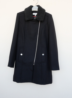 拉系SML正品清仓 女冬厚保暖修身斜拉链毛呢外套短大衣6A1284黑色