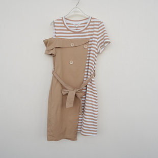 拉系列S/M/L正品超值 女夏全棉针织拼贴时尚休闲连衣裙4A4427卡其