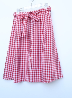 CC系列/S正品断码女夏棉质红色格子休闲中长六分半身裙2C240009