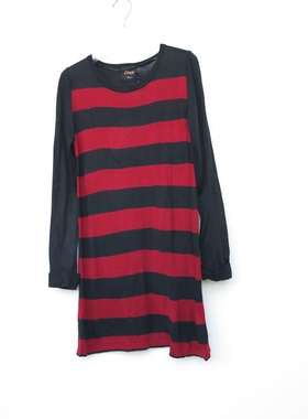 艾格淘特S/M专柜正品断码 女春秋中长暗红条纹长袖针织衫7F7330