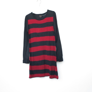 艾格淘特S/M专柜正品断码 女春秋中长暗红条纹长袖针织衫7F7330