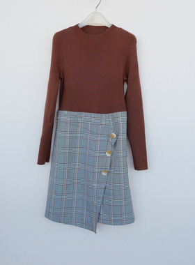 拉系列SML撤柜正品 女春秋舒柔优雅修身长袖拼接连衣裙5A4236卡其