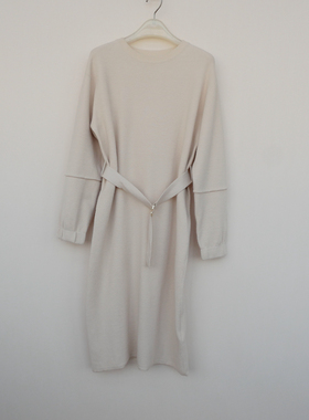 拉系列SM专柜正品女秋冬长袖厚柔亲肤冰丝细毛线针织裙6A0671米色