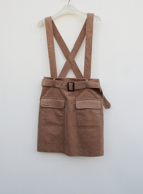 拉系列SML专柜正品超值 女秋冬纯棉灯芯绒可卸背带短裙4A5713咖啡