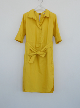 拉系/S专柜断码女夏高端高支稠密纯棉中长五分袖连衣裙5A1120黄色