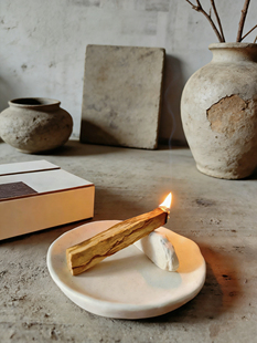 侘寂风圣木托盘圣木燃烧盘鼠尾草烧盘陶瓷木质香薰盘熏香香炉