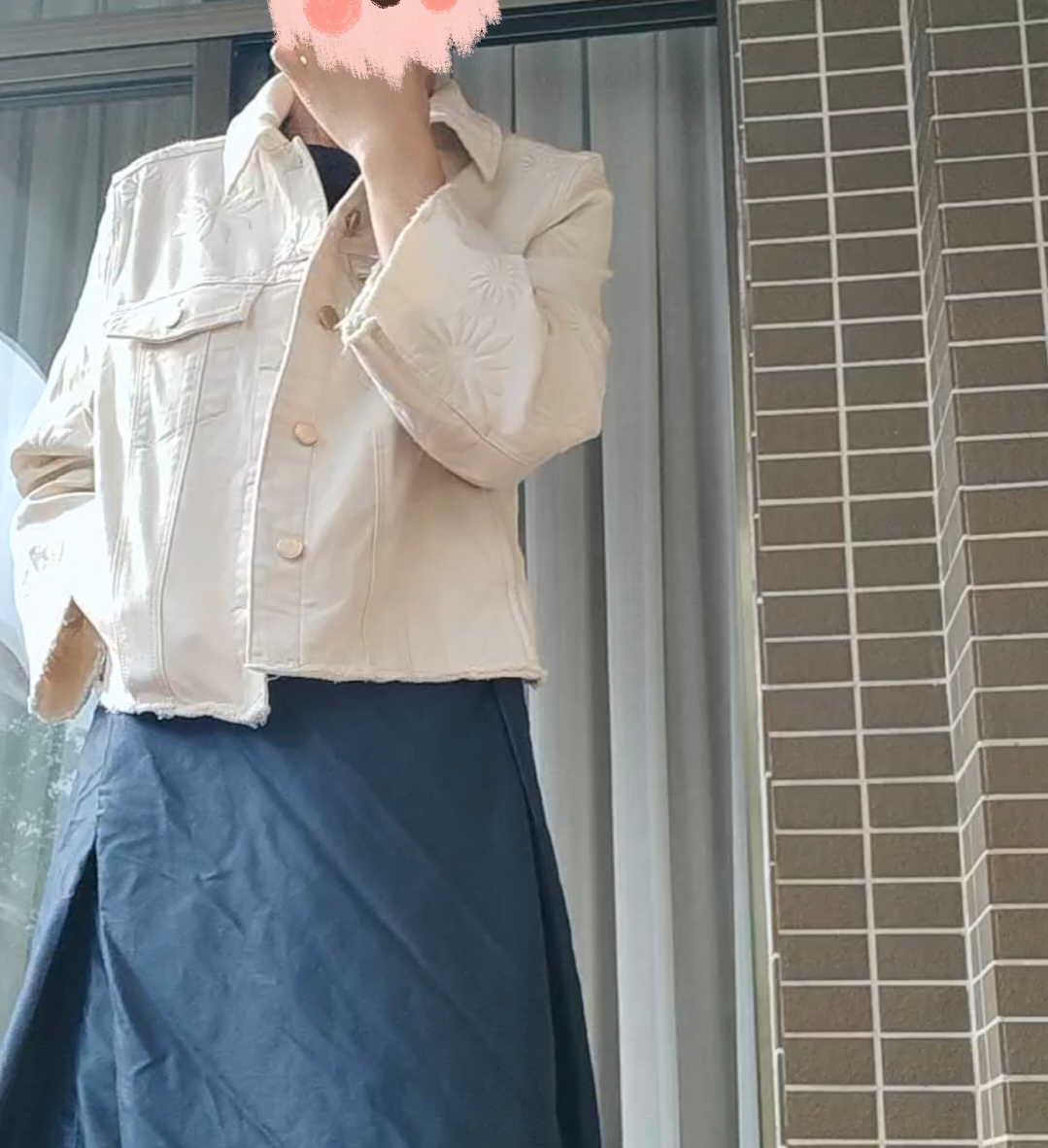 外贸livepo*样板衣米色刺绣短外套八分袖毛边设计有弹力撕边夹克