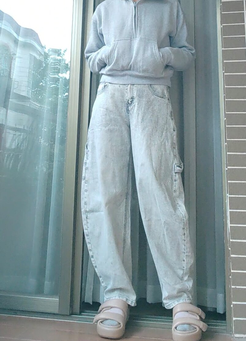 外贸样板demin洗水做旧浅灰茧型工装牛仔裤女休闲裤