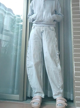 外贸样板demin洗水做旧浅灰茧型工装牛仔裤女休闲裤