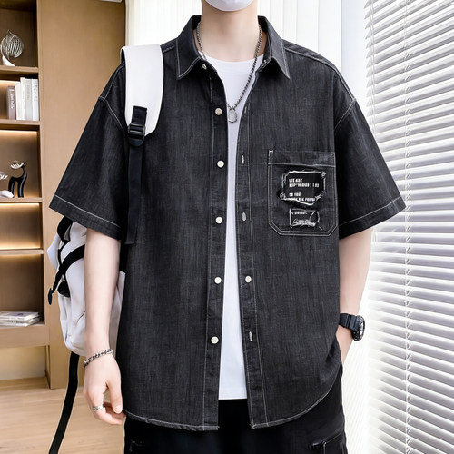 牛仔短袖衬衫男夏季薄款青少年韩版潮流衬衣男生休闲百搭水洗夏装