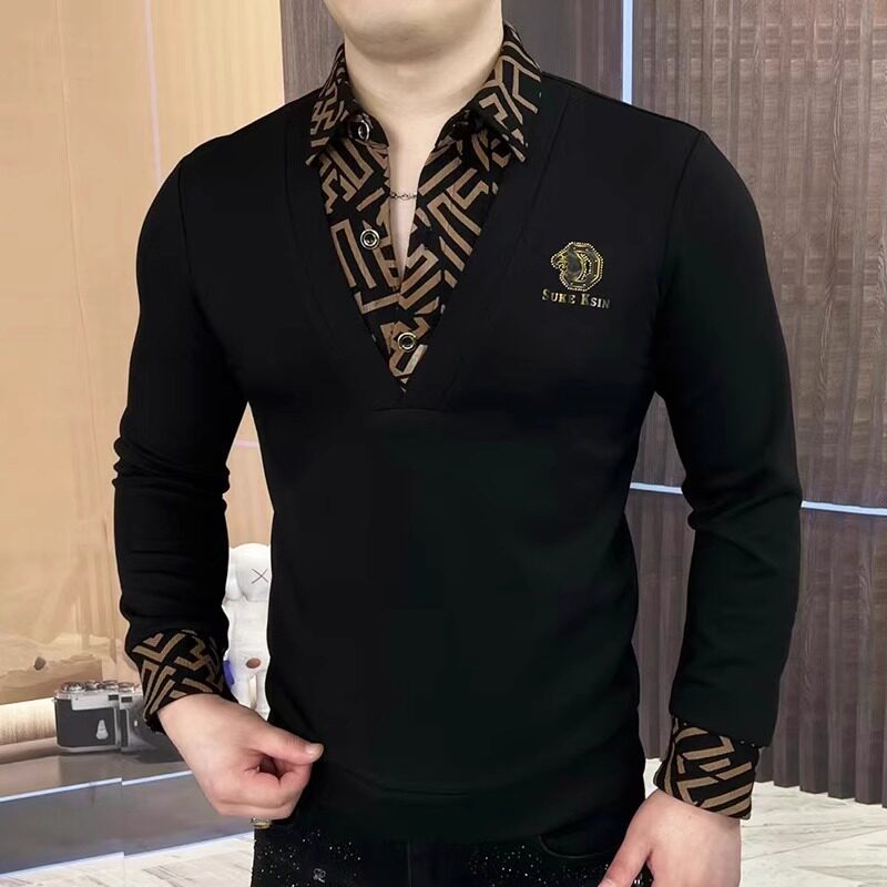 秋季新款男士长袖T恤男士帅气轻奢上衣抖音同款男发型师衬衫翻领