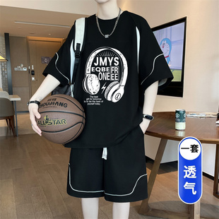 夏季休闲运动短裤套装男初中高中学生青少年大童潮流休闲短袖t恤