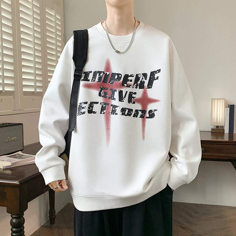 美式重磅高品质十字星印花白色卫衣男潮牌宽松长袖套头t恤打底衫