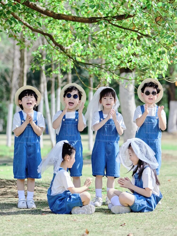 六一男童女童牛仔背带短裤套装夏季幼儿园毕业班服儿童合唱演出服