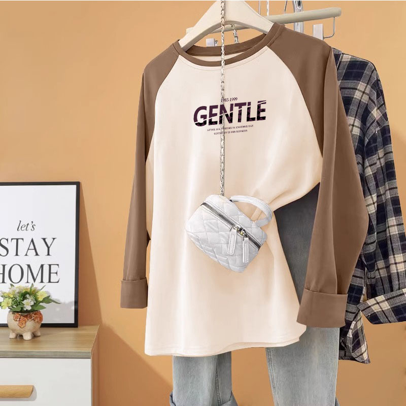 早春纯棉咖拼杏色插肩长袖女装2T恤