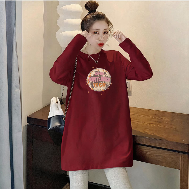 100%纯棉酒红色长袖女圆领内T恤