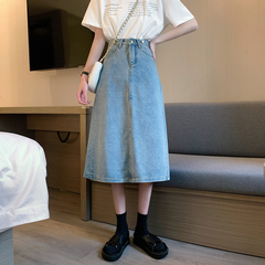 Real price Korean Retro High Waisted button decorative back split design denim A-line skirt