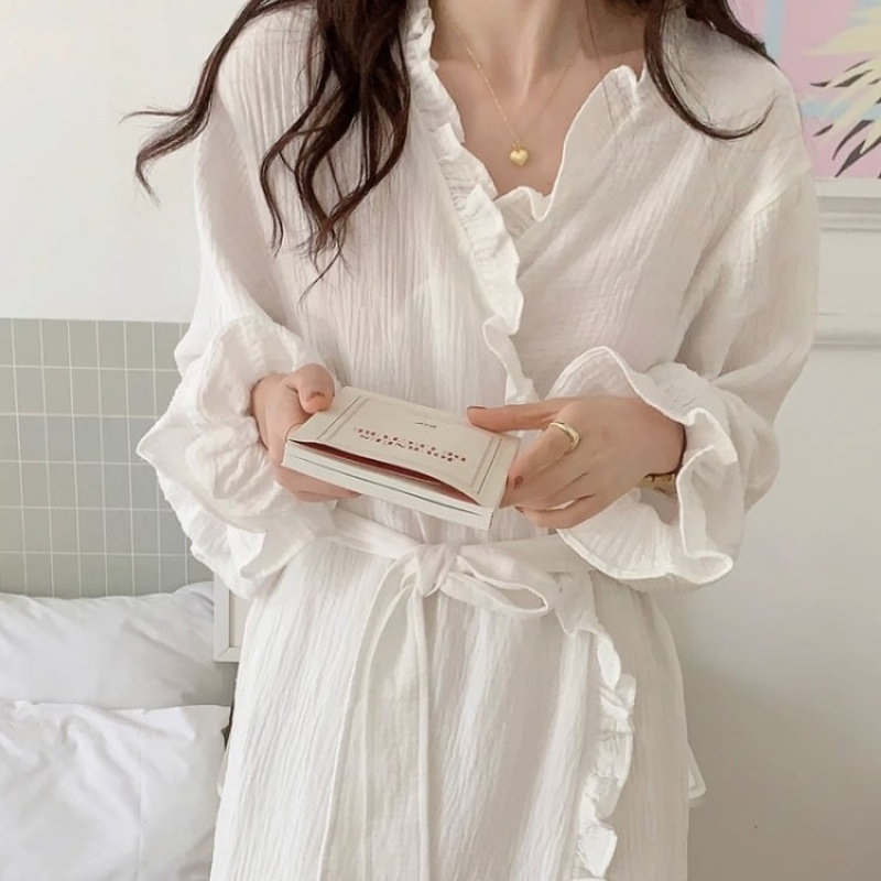 简约长袖睡袍女春秋季新款甜美ins风荷叶边薄款纯色睡衣家居服潮
