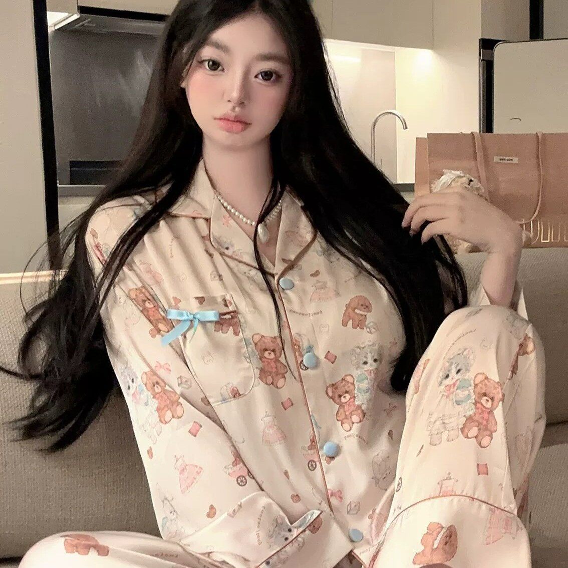夏季缎面雪纺新款女士睡衣卡通熊甜美可爱风学生党睡衣长袖长裤