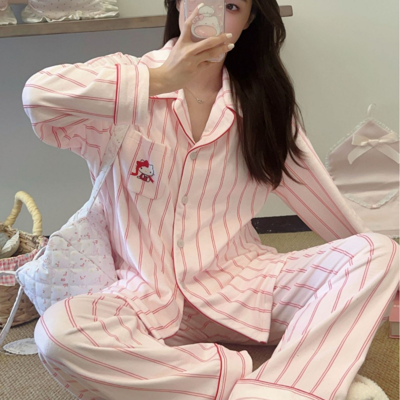 秋冬海岛绒睡衣女日系条纹印花长