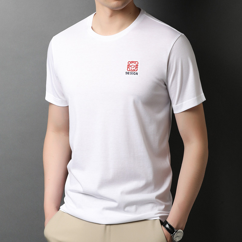 F2569钱塘2020-1桑蚕丝流行夏季男士圆领短袖基础T恤青春冰丝P52图片