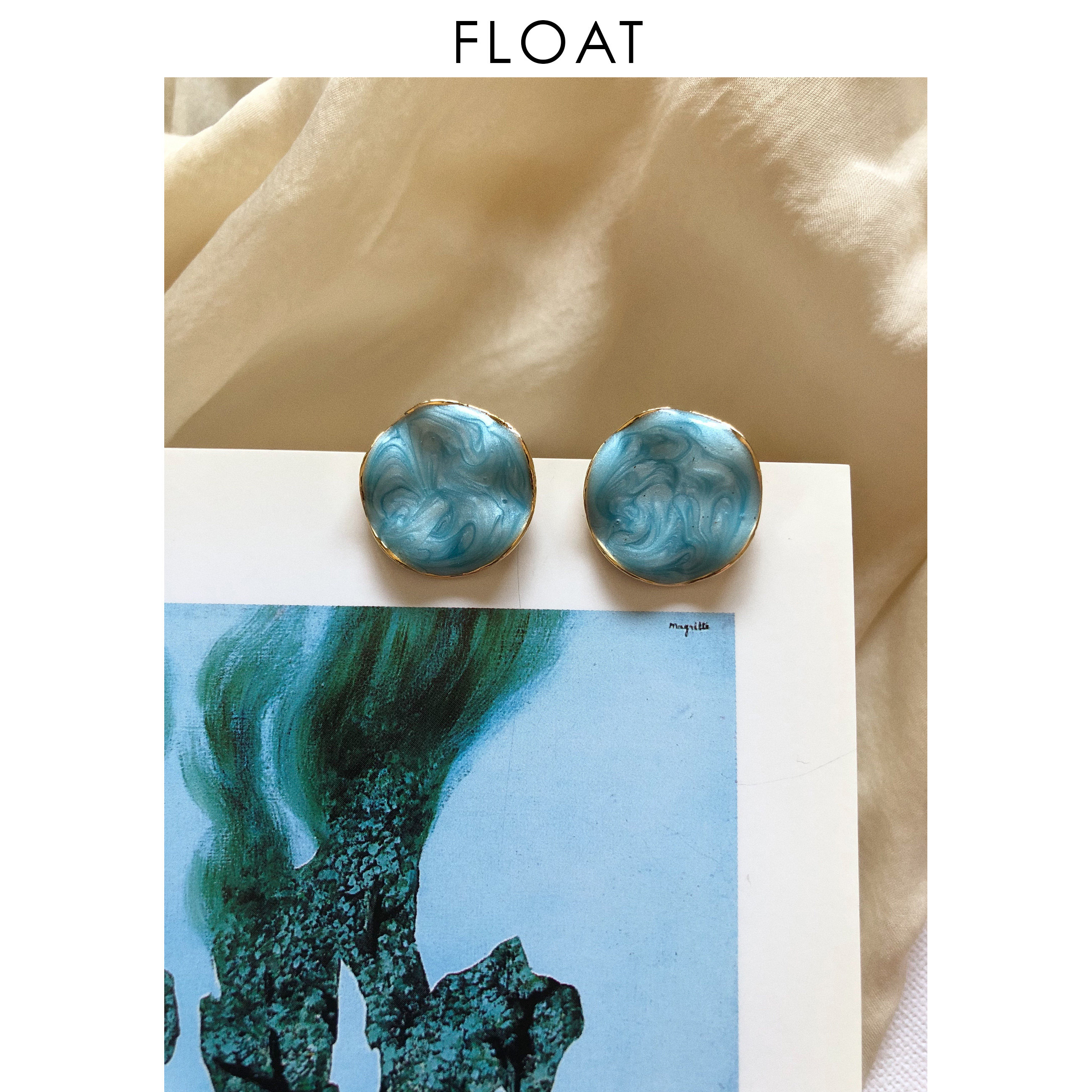 浮漾FLOAT复古古董不规则波浪金属清新感婴儿蓝珐琅耳夹耳环925银