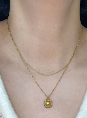 复古米珠项链小方牌吊坠钛钢女