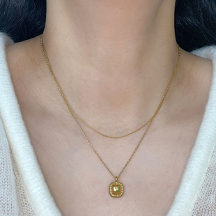 浮漾FLOAT镀18k金复古米珠项链女几何小方牌锁骨链叠戴