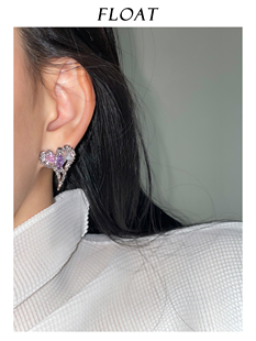 浮漾FLOAT原创甜酷银色肌理镂空爱心粉紫锆石耳环耳夹高级感耳饰