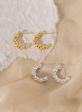 浮漾FLOA碎金银子C形圆圈耳环女小众法式半圈金属风耳圈耳钉耳夹