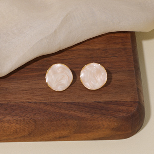 FLOAT浮漾复古奶白珠光感伞形滴釉圆形耳环气质波浪耳钉法式 耳夹