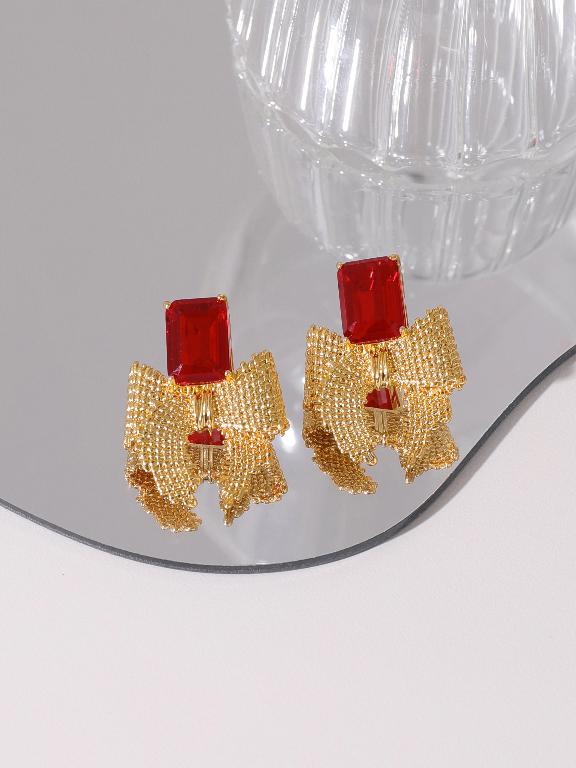 浮漾FLOAT金属编织蝴蝶结耳环女复古红色方钻耳夹新年耳饰925银