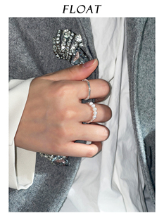 浮漾FLOAT小众设计感925纯银天然珍珠戒指女弹力可调节碎银食指戒
