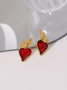 浮漾FLOAT925银红宝石爱心耳环女设计感金属打结复古桃心耳饰耳夹