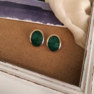 浮漾FLOAT复古港风气质祖母绿耳钉椭圆蛋形手工耳夹耳环925银耳针