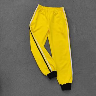 定做春秋冬男女校裤同款运动裤亮黄色拼接白色黑色针织条收口长裤