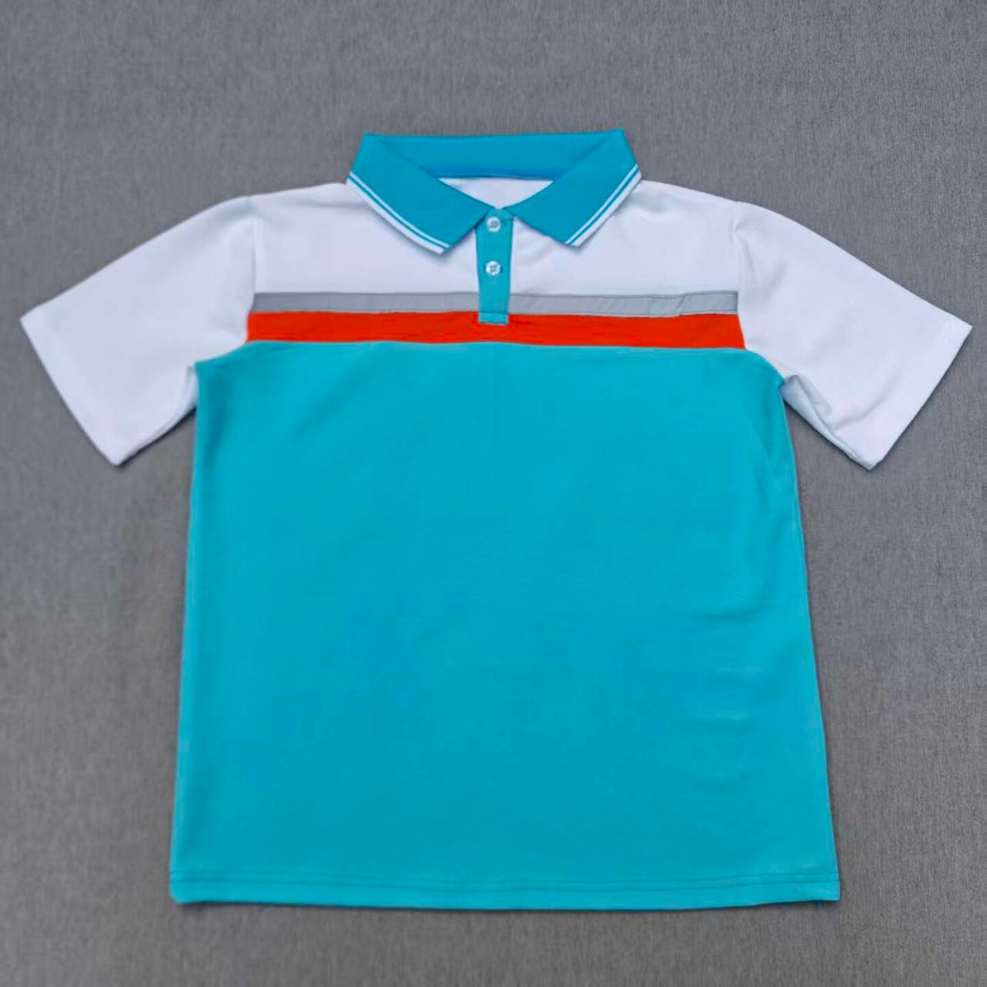 定做夏季男女校服同款运动短袖T恤衫浅蓝色拼白色拼橘红色POLO衫