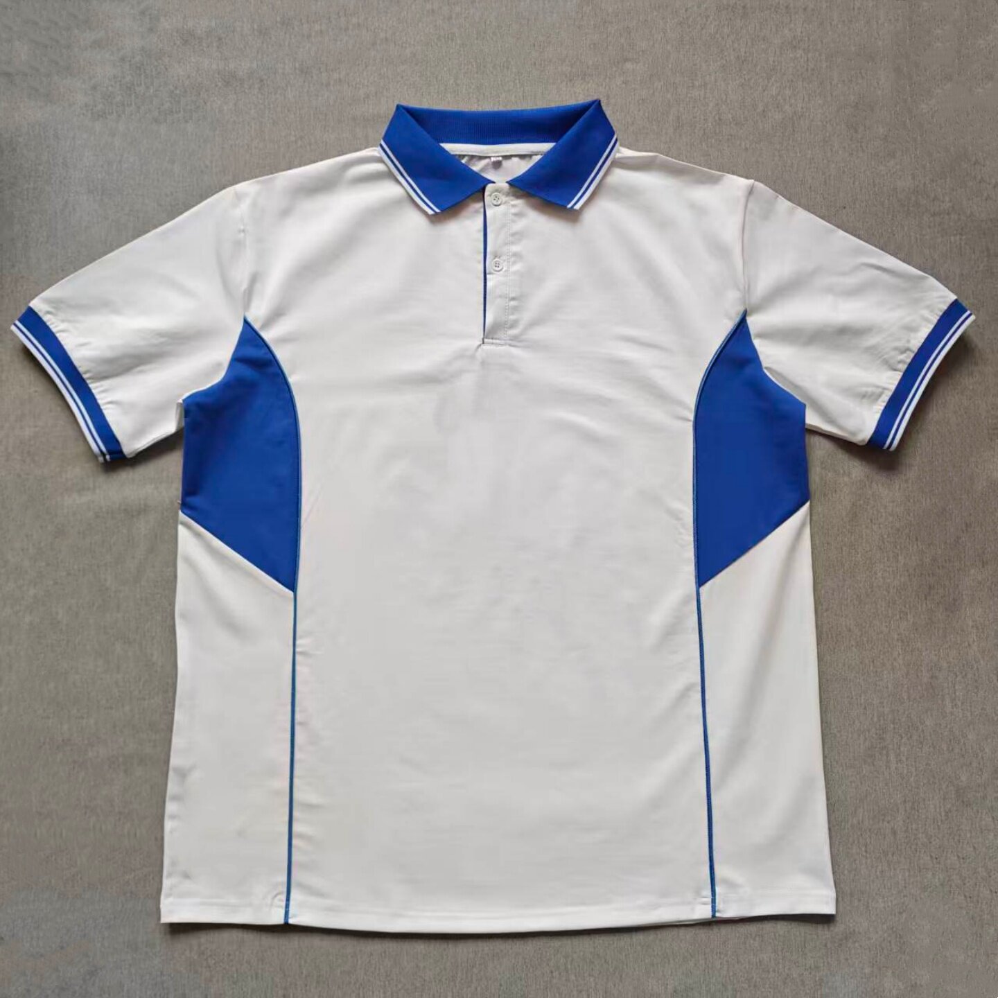 定做夏季男女校服同款翻领运动短袖白色拼接宝蓝色T恤衫POLO衫图片