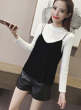 新款女秋装丝绒外搭大V领吊带背心不倒绒宽松休闲T恤大码女外搭