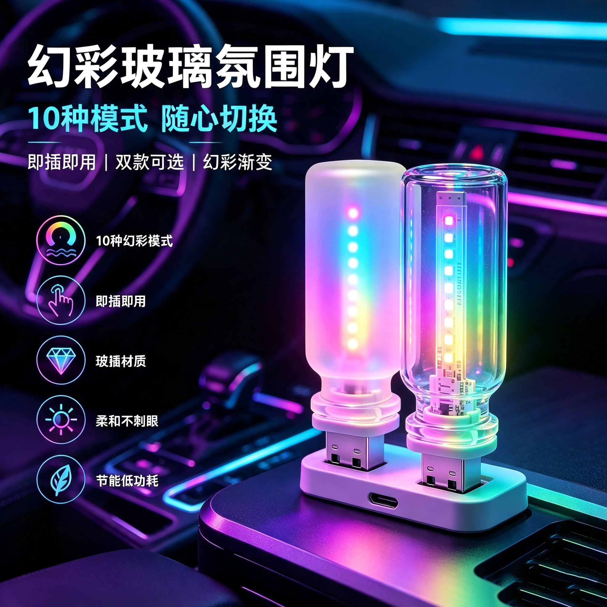 USB玻璃瓶炫彩小夜灯RGB车载桌搭氛围灯多色可变触摸调节不耗电