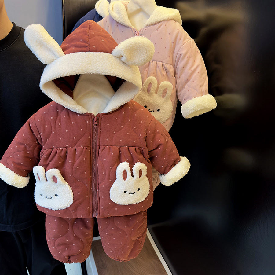 童装女童2025冬装新款三层超厚棉袄棉裤两件套女宝宝连帽家居套装