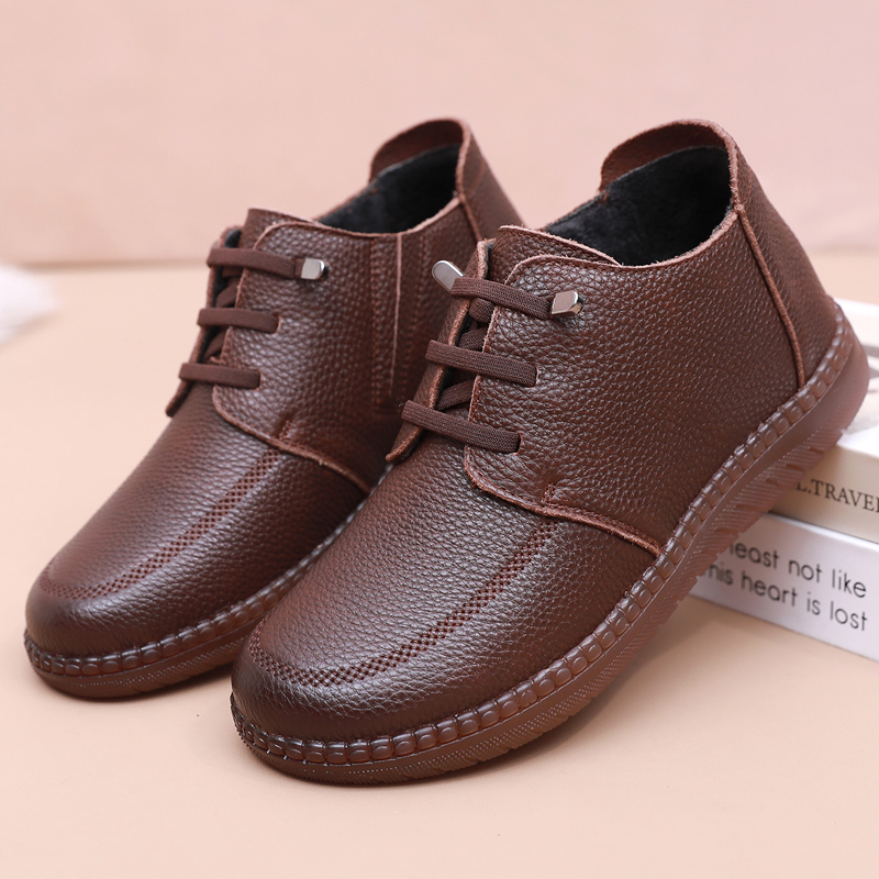 妈妈棉鞋头层牛皮防滑软底