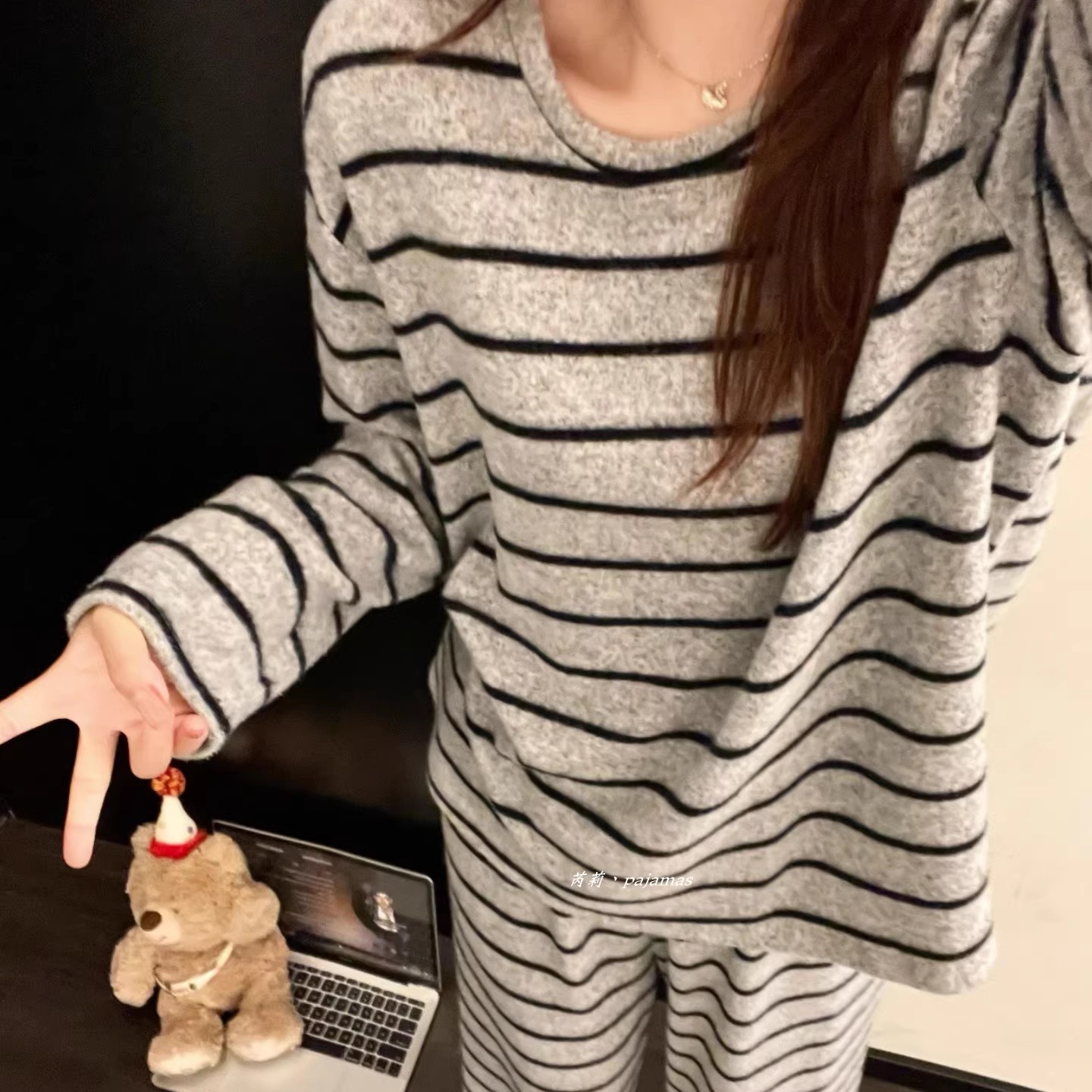 韩版简约条纹德绒睡衣女春秋新款