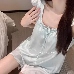 甜美小飞袖 简约高级感无袖 夏季 冰丝带胸垫睡衣女款 短裤 家居服套装