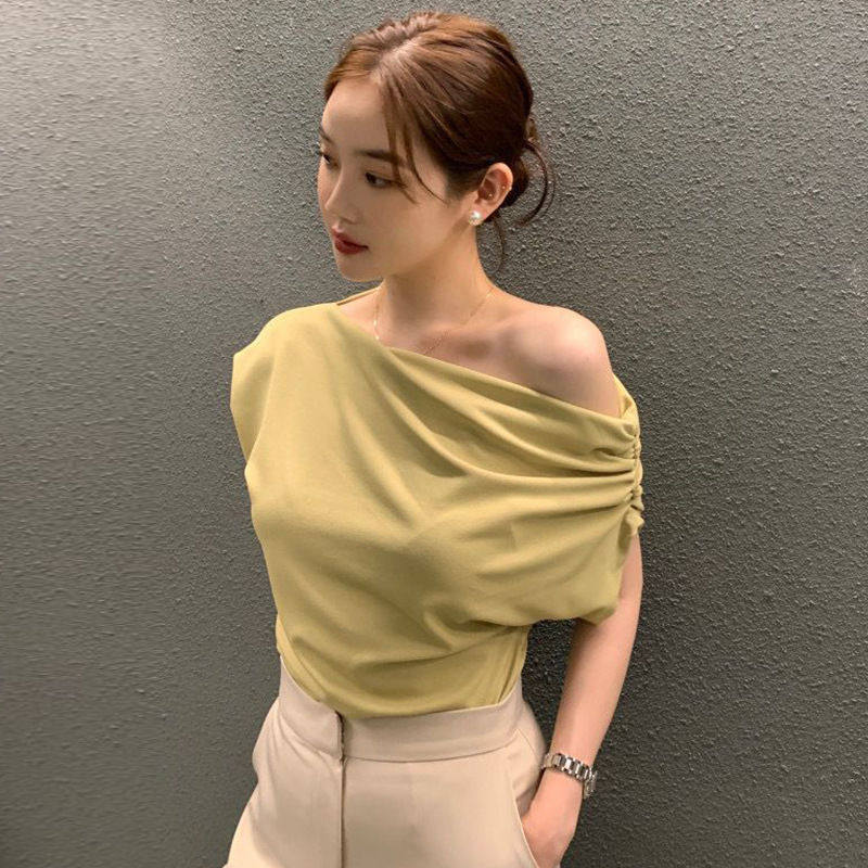 韩国chic2025夏季法式不规则斜肩设计感宽松纯色套头短袖T恤女潮