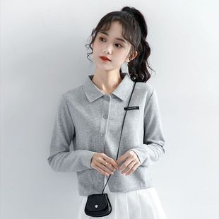 开衫 2025早秋新款 女早秋Polo领上衣短款 不规则设计感灰色长袖 衬衫
